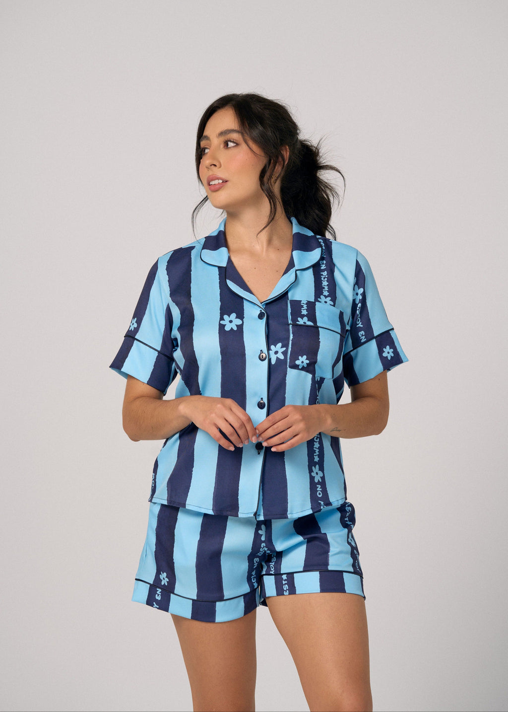Pijama Short / Camisa Manga Corta No Molestar Rayas Azules