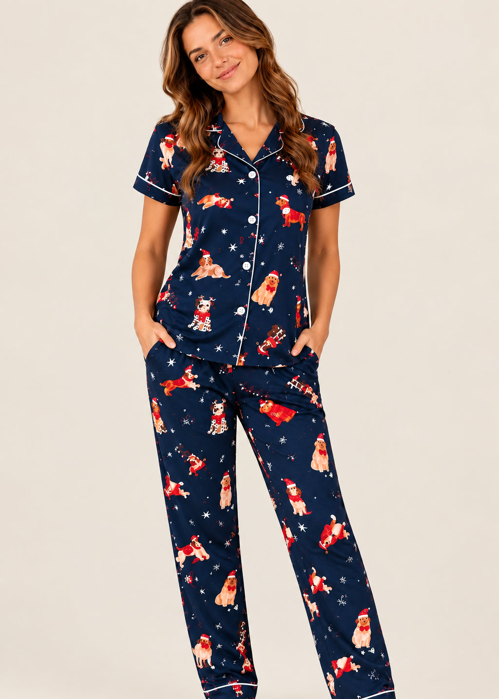 Pijama Pantalón / Camisa Manga Corta Navidad Azul