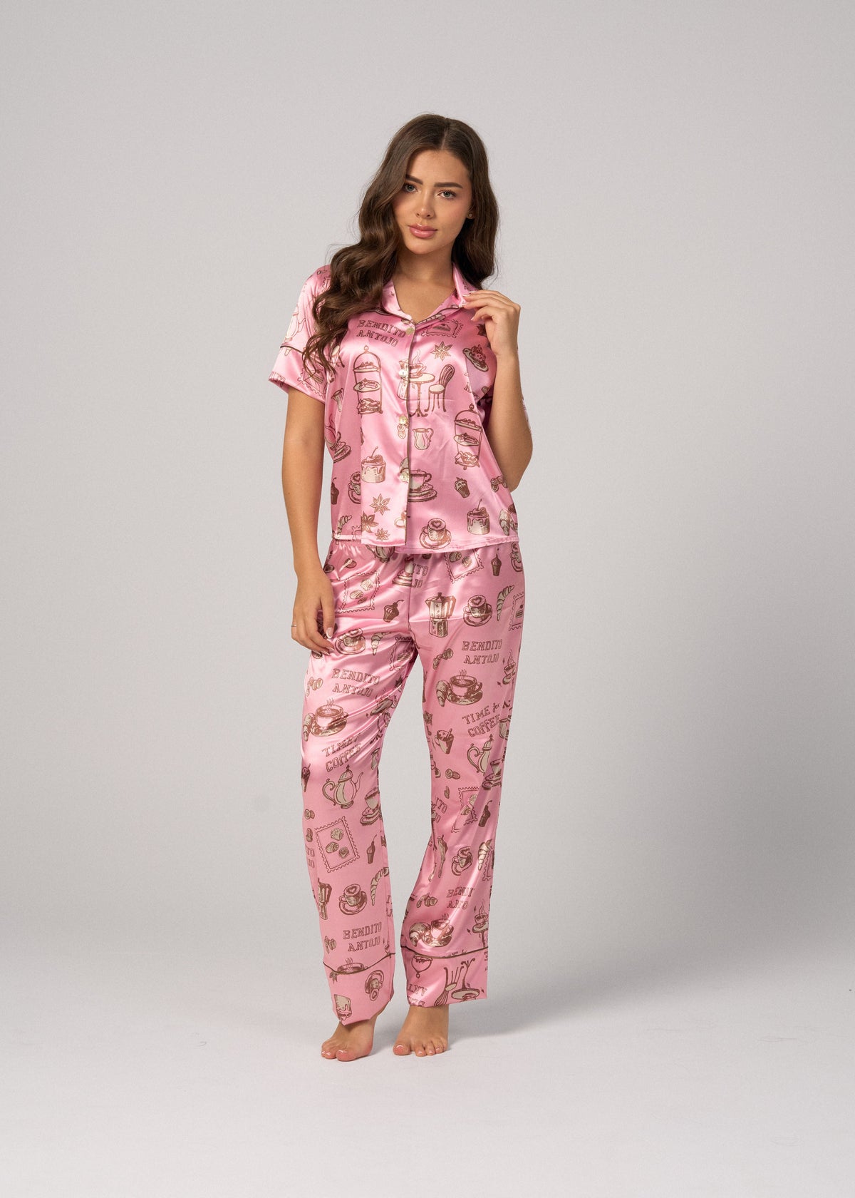 Pijama Pantalón / Camisa Manga Corta Satín Tiempo de Café Rosa
