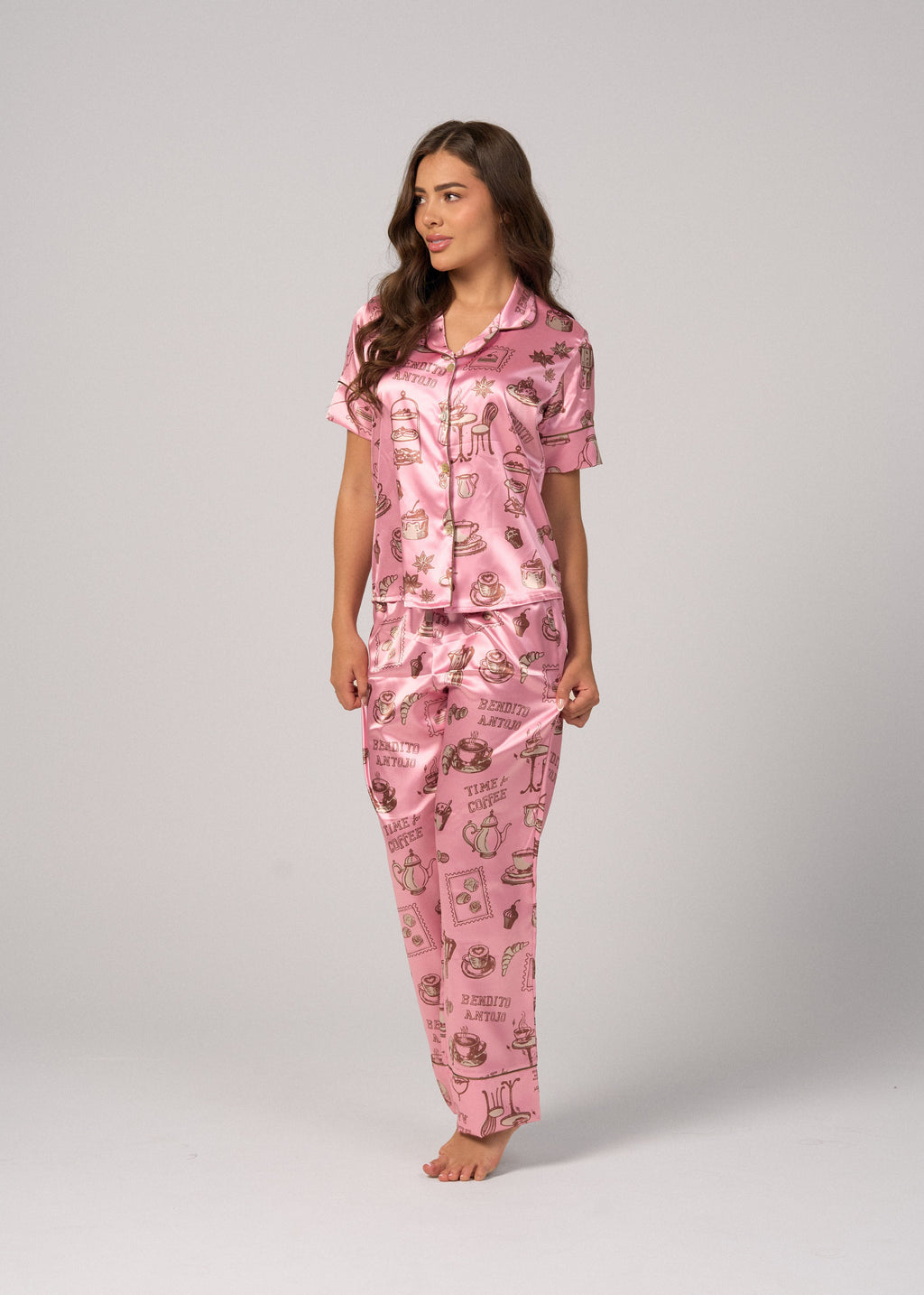 Pijama Pantalón / Camisa Manga Corta Satín Tiempo de Café Rosa
