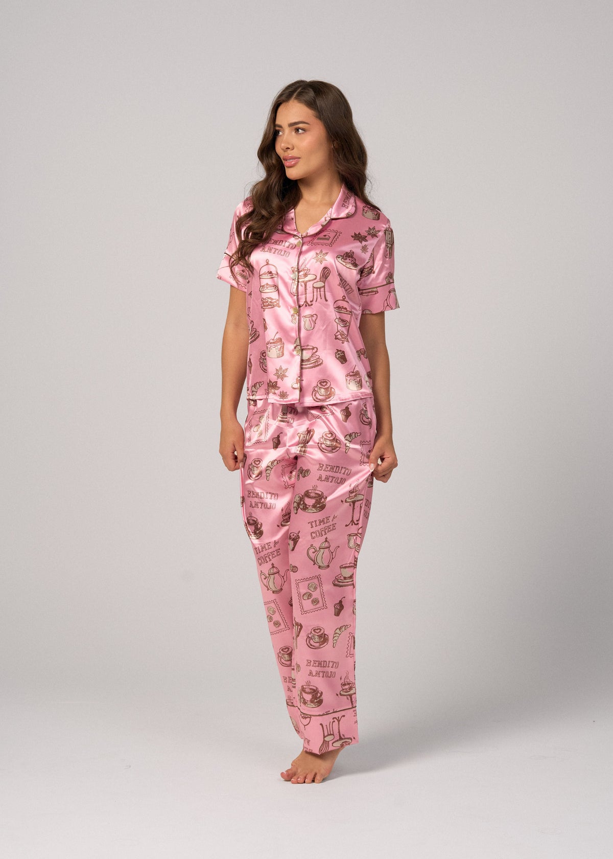 Pijama Pantalón / Camisa Manga Corta Satín Tiempo de Café Rosa