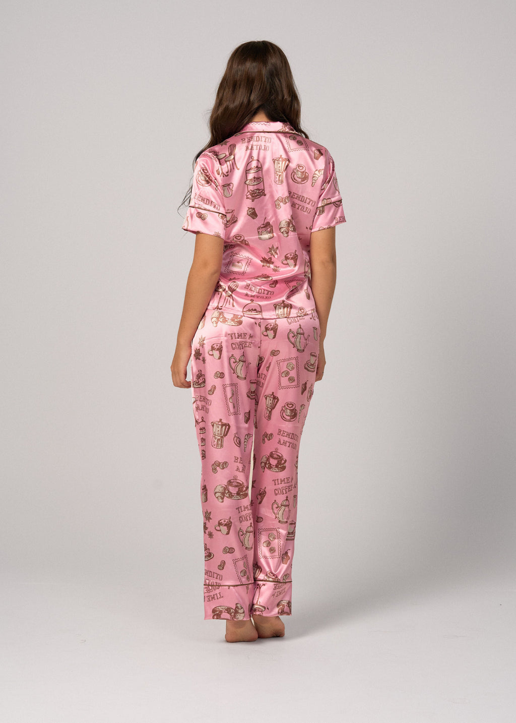 Pijama Pantalón / Camisa Manga Corta Satín Tiempo de Café Rosa