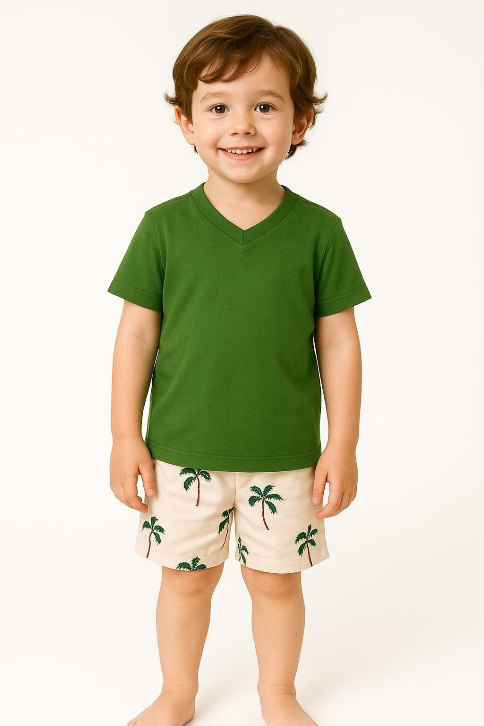 Pijama para Niños Conjunto Bermuda Palmera Arena + Camiseta Verde